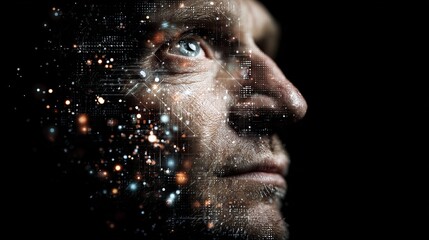 Digital Transformation Futuristic Man Face Technology Abstract Background Modern Innovation Concept Artificial Intelligence Data Network Digital Overlay Cyberpunk Style  