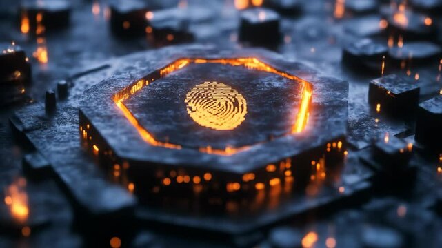 Futuristic fingerprint scan animation on glowing geometric surface