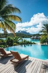 Fototapeta premium Tropical poolside paradise with lush vegetation, serene water, and distant island views