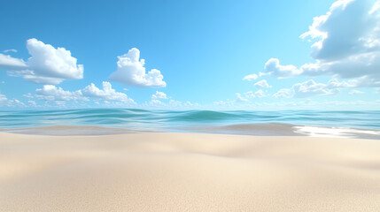 Fototapeta premium A serene beach scene with soft sands, gentle waves, and a clear blue sky, perfect for evoking relaxation and tranquility.