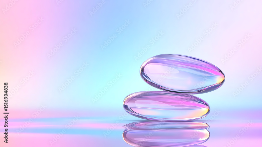 Poster a serene composition of two translucent orbs reflecting pastel hues, creating a calming visual ideal