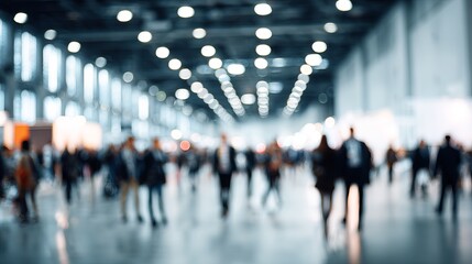 Blurred Crowd Business Conference Event Trade Show Expo Hall Modern Interior Design Background Many People Walking Abstract Bokeh Lights blue gray urban space large white