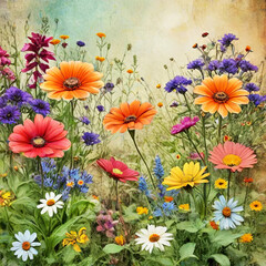 Colorful wildflowers blooming in a lush summer garden. A vibrant illustration featuring various flowers in full bloom, ideal for nature themes, backgrounds, and botanical designs