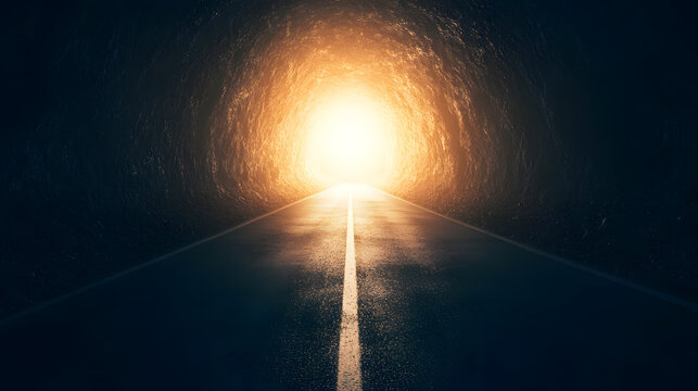 Illuminated dark road leading towards a bright light source, symbolizing hope and imagination, ideal for future concepts, abstract, and inspirational themes.