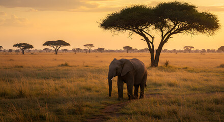 Serene Sunset in Africa with Elephant Walking Through the Golden Grasslands