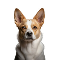 Obraz premium close-up portrait of a dog. The dog appears to be a Welsh Corgi or a similar breed, with a short, stocky body, pointed ears, and a friendly, alert expression. 