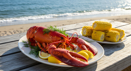 Freshly Cooked Lobster with Lemon and Corn on the Cob by the Beach on a Sunny Summer Day