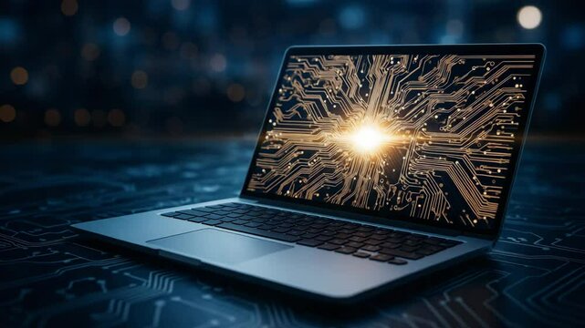 A modern laptop glows with a shining processor and intricate circuit patterns on the screen, symbolizing advanced computing, innovation, and digital technology.