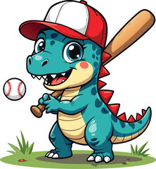 Adorable cartoon dinosaur wearing baseball cap and playing baseball with baseball bat and ball on green grass