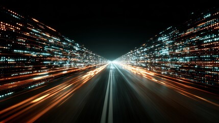 Abstract Digital Highway Night Drive Futuristic Speed Light Trails Orange Blue Technology Background Digital Art Modern Design Graphic Illustration High Speed Motion Blur