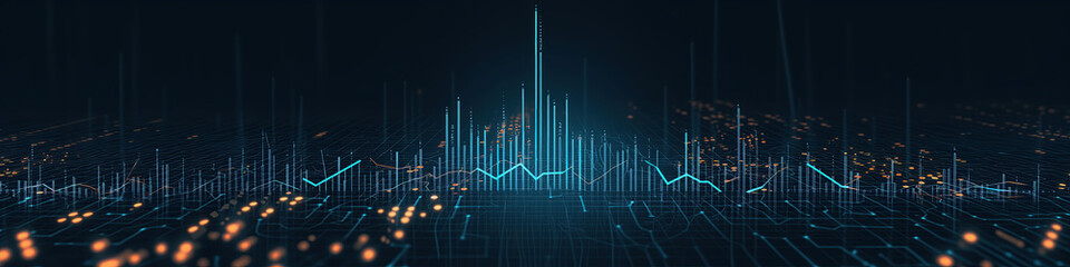 Illuminated digital cityscape featuring glowing network connections and data streams.
