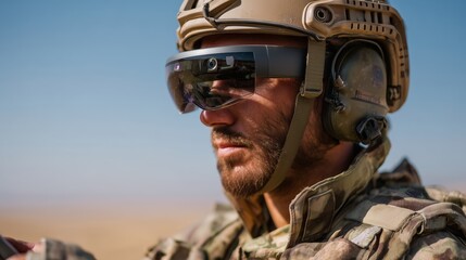 Soldier utilizing augmented reality technology in desert environment during military operation