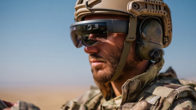 Soldier utilizing augmented reality technology in desert environment during military operation