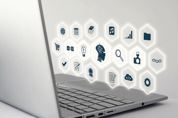 Modern laptop with floating hexagonal icons representing AI, technology, education, communication,...