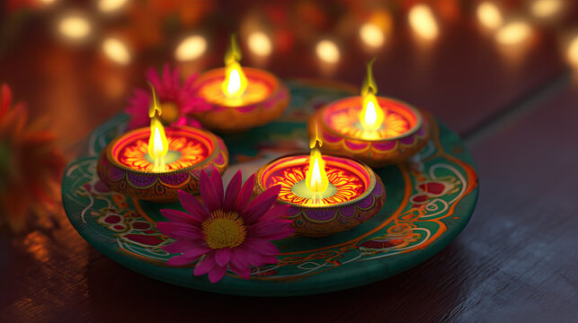 Traditional oil lamps illuminate festive celebration with warm golden flames and decorative patterns - Powered by Adobe