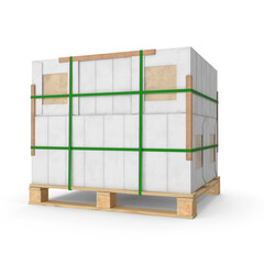 Industrial Pallet with Stacked Cardboard Boxes Wrapped in Straps Isolated on Transparent Background