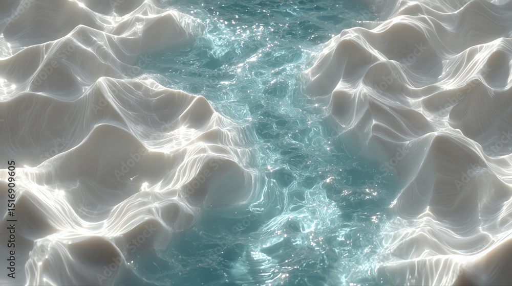 Poster an abstract representation of waves and water patterns, showcasing the interplay of light and liquid