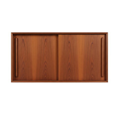 Mid-century modern wood cabinet with sliding doors on transparent background