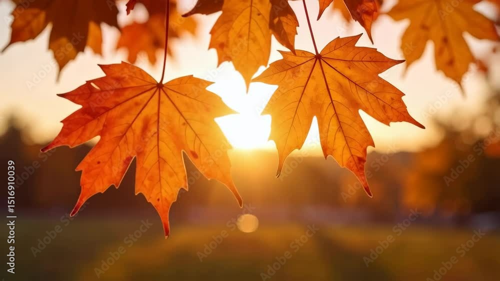 Poster warm fall foliage with sunlight shining through autumn leaves in a forest setting with beautiful bok