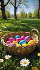 Colorful easter eggs in woven basket springtime meadow