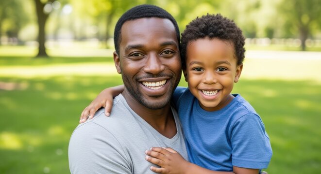 A loving black father and son sharing a heartwarming embrace and smiles outdoors in a park.