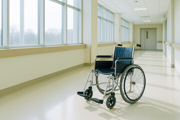 Empty Wheelchair in Bright Hospital Hallway with Large Windows and Clean Flooring &mdash; Symbol of Patient Mobility, Healthcare Support, and Medical Accessibility in a Professional Clinical Environment

