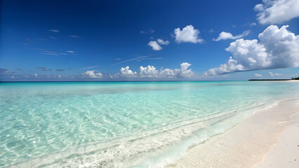 Stunning turquoise ocean waves lapping a pristine white sand beach under a vibrant blue sky with fluffy clouds a perfect tropical paradise