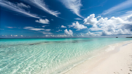 Obraz premium Serene Tropical Beach Scene with Azure Water Sparkling under a Vivid Blue Sky and Fluffy White Clouds