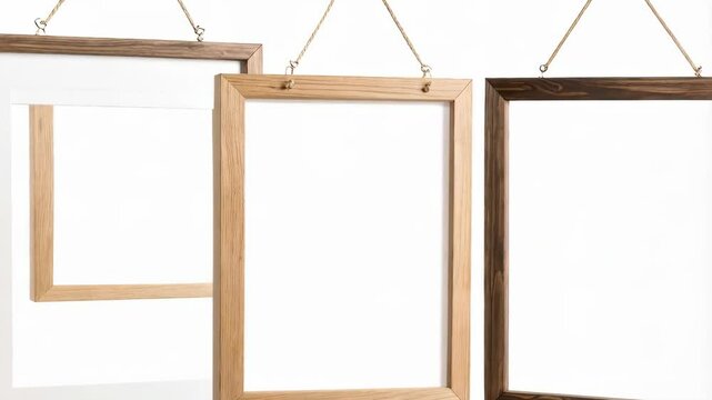 Three wood picture frames hanging by string, different colors of wooden frame, on white background, isolated, vertical orientation