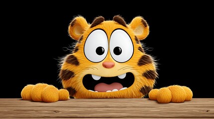 A cartoon tiger with wide, surprised eyes and an open mouth, peeks curiously over a wooden table, adding a playful and whimsical touch to the scene.