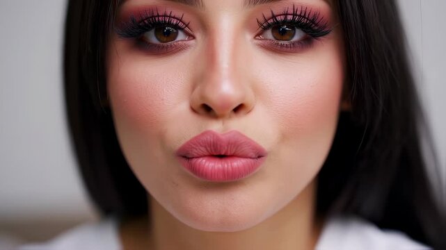 Charming young woman blowing sweet kisses in slow motion closeup