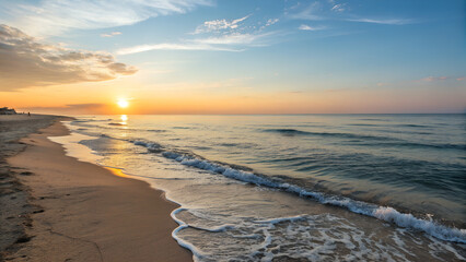Serene Sunrise Beachscape Golden Hour Ocean Waves Sand Shore Tranquility
