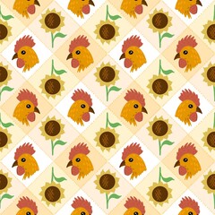 Seamless farm pattern with cute chicken heads and sunflowers on pastel patchwork squares. Perfect for children's textiles and rustic designs.