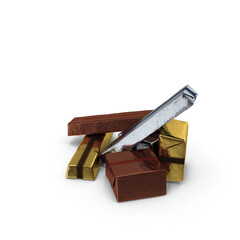 Stack of Assorted Foil-Wrapped Chocolate Bars Isolated on Transparent Background