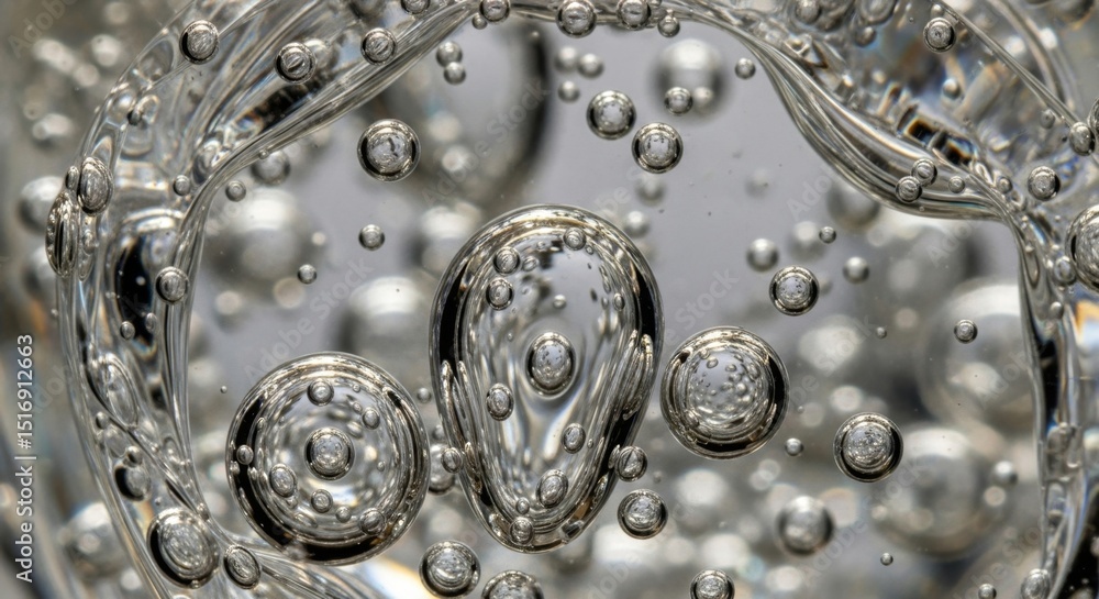 Poster close-up of transparent bubbles in clear liquid creating abstract patterns