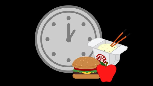 video animation of clock hands moving and food in meal time concept, on a transparent background with alpha channel at zero