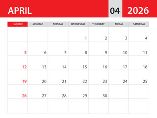 Calendar 2026 template vector - april 2026 template, planner monthly design, Desk calendar 2026, Wall calendar design, Minimal style, advertisement, poster, printing media, red horizontal layout 