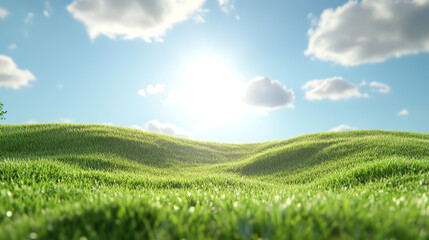 Naklejka premium Vibrant green hills under a bright sun and blue sky, reflecting tranquility and natural beauty in the landscape.