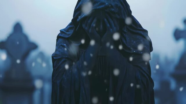 Dark woman statue with hands covering face. Concept of grief, death, pain and funeral memorial, sorrowful cemetery artwork footage.
