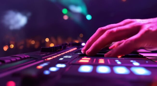 Electric keyboard keys pulse under rapid strikes, driving a rock riff with glowing intensity on a rock concert stage