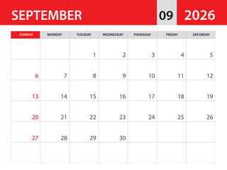 Calendar 2026 template vector - september 2026 template, planner monthly design, Desk calendar 2026, Wall calendar design, Minimal style, advertisement, poster, printing media, red horizontal layout 