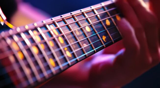 Rock guitar musician picks electric guitar strings, sparking a gritty rock riff with relentless precision