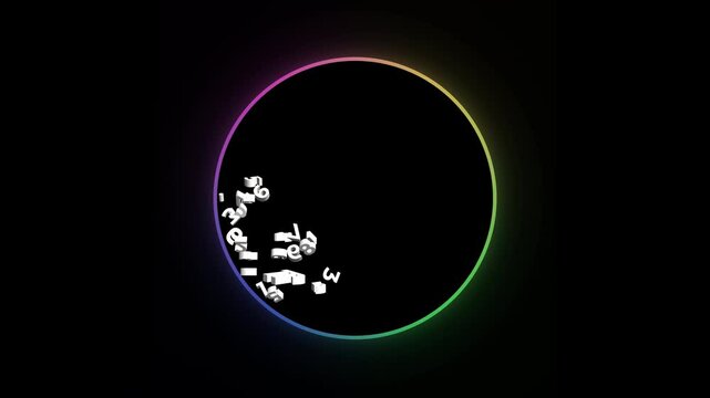 Colorful spinning tumbler animation with Pi number digits swirling and falling in gravity effect. Rainbow gradient stroke ring, abstract motion graphic on transparent background with alpha channel