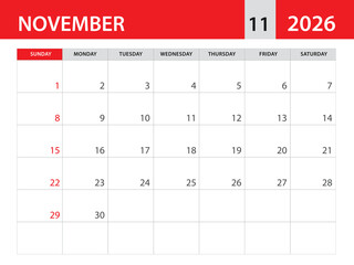 Calendar 2026 template vector - november 2026 template, planner monthly design, Desk calendar 2026, Wall calendar design, Minimal style, advertisement, poster, printing media, red horizontal layout 