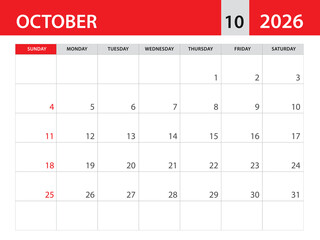 Calendar 2026 template vector - october 2026 template, planner monthly design, Desk calendar 2026, Wall calendar design, Minimal style, advertisement, poster, printing media, red horizontal layout 