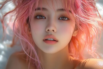 Fototapeta premium Captivating portrait of a young woman with pink hair studio setting digital art intimate environment close-up view beauty concept