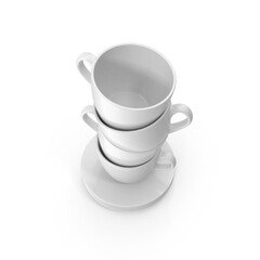Stack of White Coffee Cups and Plates Isolated on Transparent Background