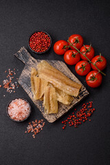 Dried salted fish, snacks or jerky, slices of white fish fillets