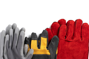 Close up view of construction gloves on white background. Space for text.