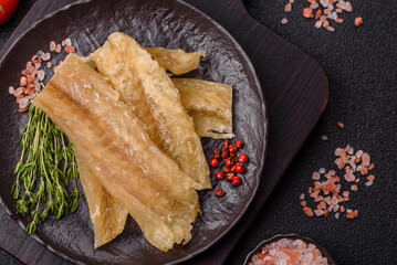Dried salted fish, snacks or jerky, slices of white fish fillets